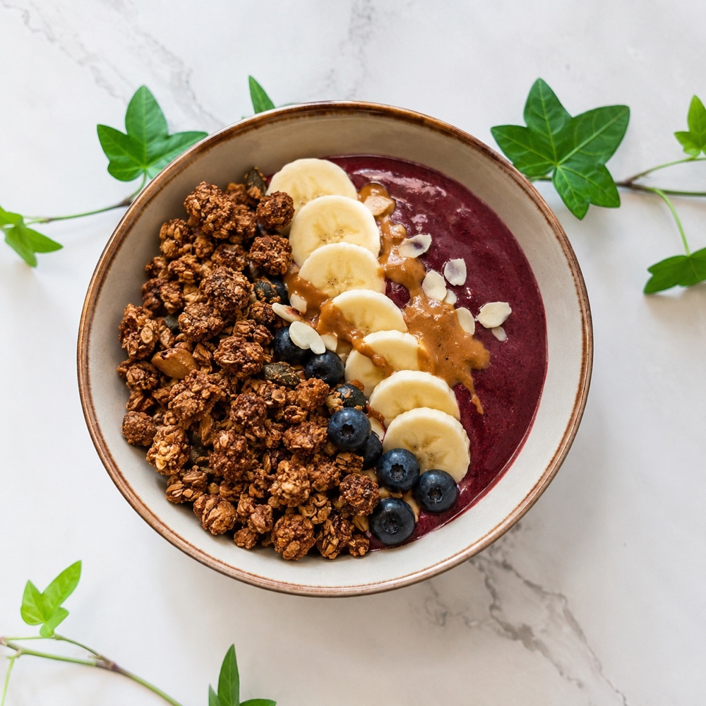 Açaíbowl met Daan's crunchy granola, banaan en blauwe bessen